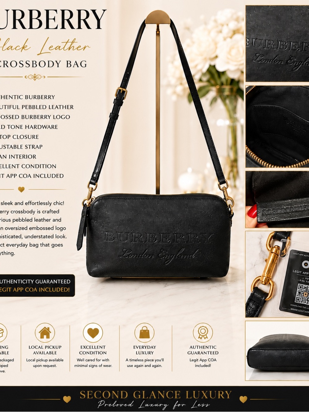 Burberry Black Pebbled Leather Embossed Logo Crossbody